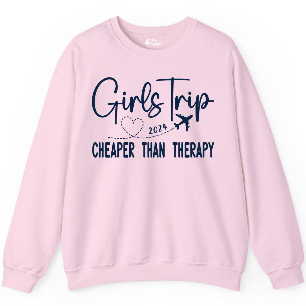 Girls Trip Shirt 2024 - Cheaper Than Therapy Girls Vacation Tee (Sweatshirt) in Light Pink - Girls Trip 2024 Cheaper Than Therapy Airplane Heart Travel Shirt