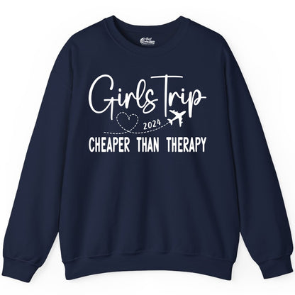 Girls Trip Shirt 2024 - Cheaper Than Therapy Girls Vacation Tee (Sweatshirt) in Navy - Girls Trip 2024 Cheaper Than Therapy Airplane Heart Travel Shirt