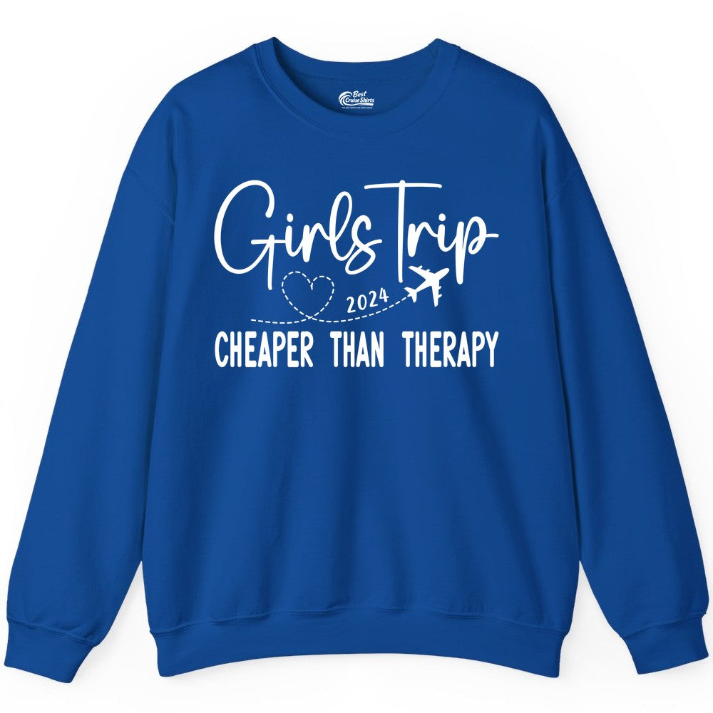 Girls Trip Shirt 2024 - Cheaper Than Therapy Girls Vacation Tee (Sweatshirt) in Royal - Girls Trip 2024 Cheaper Than Therapy Airplane Heart Travel Shirt