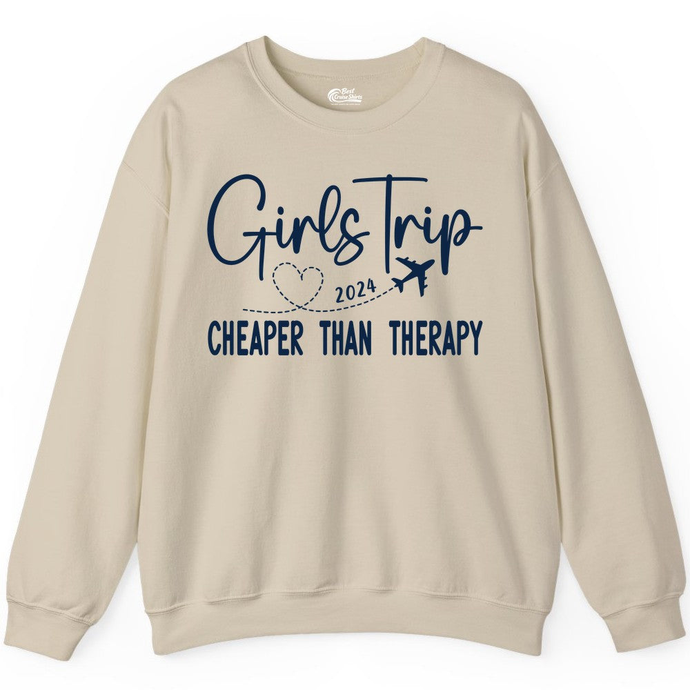 Girls Trip Shirt 2024 - Cheaper Than Therapy Girls Vacation Tee (Sweatshirt) in Sand - Girls Trip 2024 Cheaper Than Therapy Airplane Heart Travel Shirt
