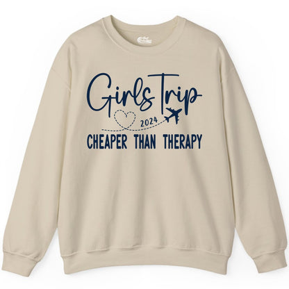 Girls Trip Shirt 2024 - Cheaper Than Therapy Girls Vacation Tee (Sweatshirt) in Sand - Girls Trip 2024 Cheaper Than Therapy Airplane Heart Travel Shirt