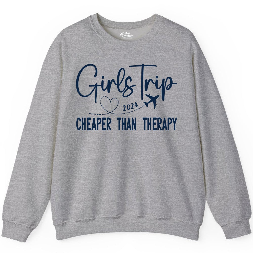 Girls Trip Shirt 2024 - Cheaper Than Therapy Girls Vacation Tee (Sweatshirt) in Sport Grey - Girls Trip 2024 Cheaper Than Therapy Airplane Heart Travel Shirt