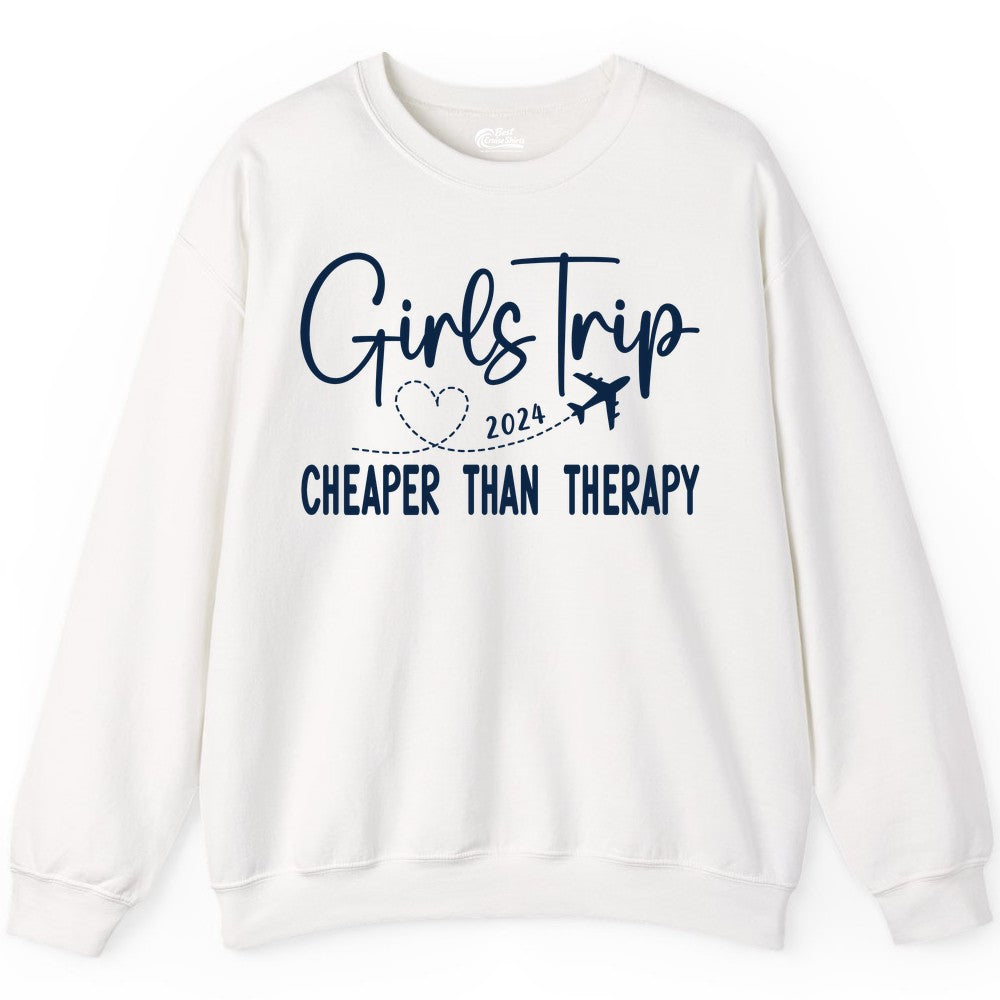 Girls Trip Shirt 2024 - Cheaper Than Therapy Girls Vacation Tee (Sweatshirt) in White - Girls Trip 2024 Cheaper Than Therapy Airplane Heart Travel Shirt
