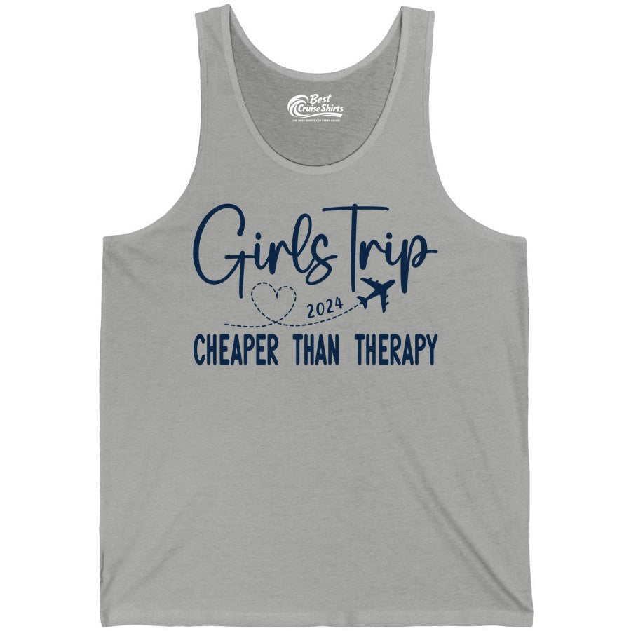 Girls Trip Shirt 2024 - Cheaper Than Therapy Girls Vacation Tee (Tank Top) in Athletic Heather - Girls Trip 2024 Cheaper Than Therapy Airplane Heart Travel Shirt