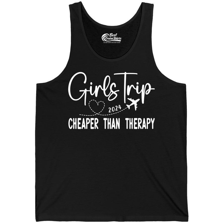 Girls Trip Shirt 2024 - Cheaper Than Therapy Girls Vacation Tee (Tank Top) in Black - Girls Trip 2024 Cheaper Than Therapy Airplane Heart Travel Shirt
