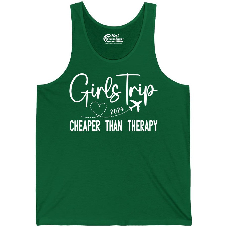 Girls Trip Shirt 2024 - Cheaper Than Therapy Girls Vacation Tee (Tank Top) in Kelly - Girls Trip 2024 Cheaper Than Therapy Airplane Heart Travel Shirt