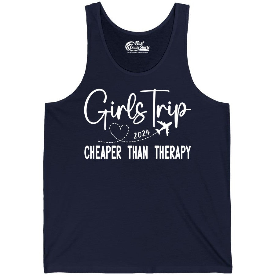 Girls Trip Shirt 2024 - Cheaper Than Therapy Girls Vacation Tee (Tank Top) in Navy - Girls Trip 2024 Cheaper Than Therapy Airplane Heart Travel Shirt