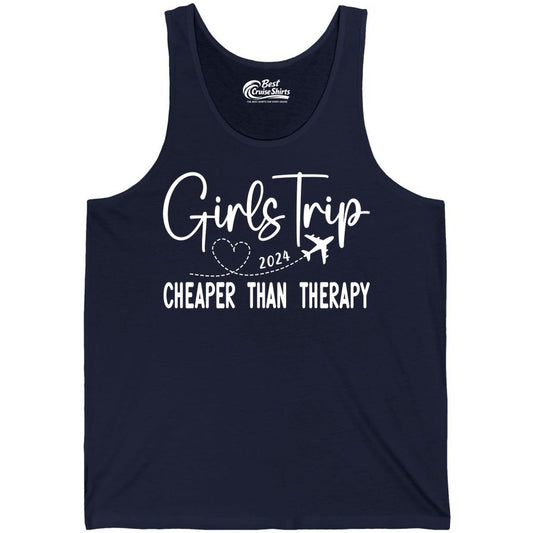 Girls Trip Shirt 2024 - Cheaper Than Therapy Girls Vacation Tee (Tank Top) in Navy - Girls Trip 2024 Cheaper Than Therapy Airplane Heart Travel Shirt