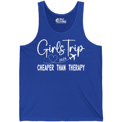 Girls Trip Shirt 2024 - Cheaper Than Therapy Girls Vacation Tee (Tank Top) in True Royal - Girls Trip 2024 Cheaper Than Therapy Airplane Heart Travel Shirt