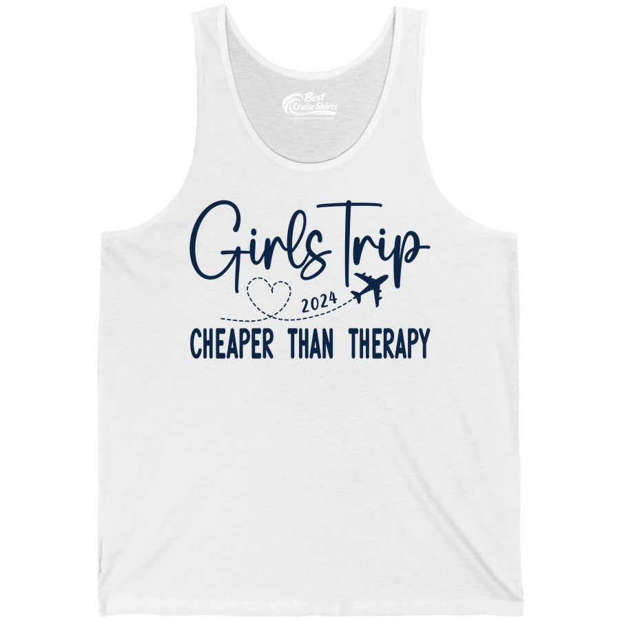 Girls Trip Shirt 2024 - Cheaper Than Therapy Girls Vacation Tee (Tank Top) in White - Girls Trip 2024 Cheaper Than Therapy Airplane Heart Travel Shirt