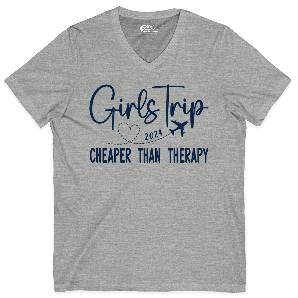 Girls Trip Shirt 2024 - Cheaper Than Therapy Girls Vacation Tee (V-Neck) in Athletic Heather - Girls Trip 2024 Cheaper Than Therapy Airplane Heart Travel Shirt