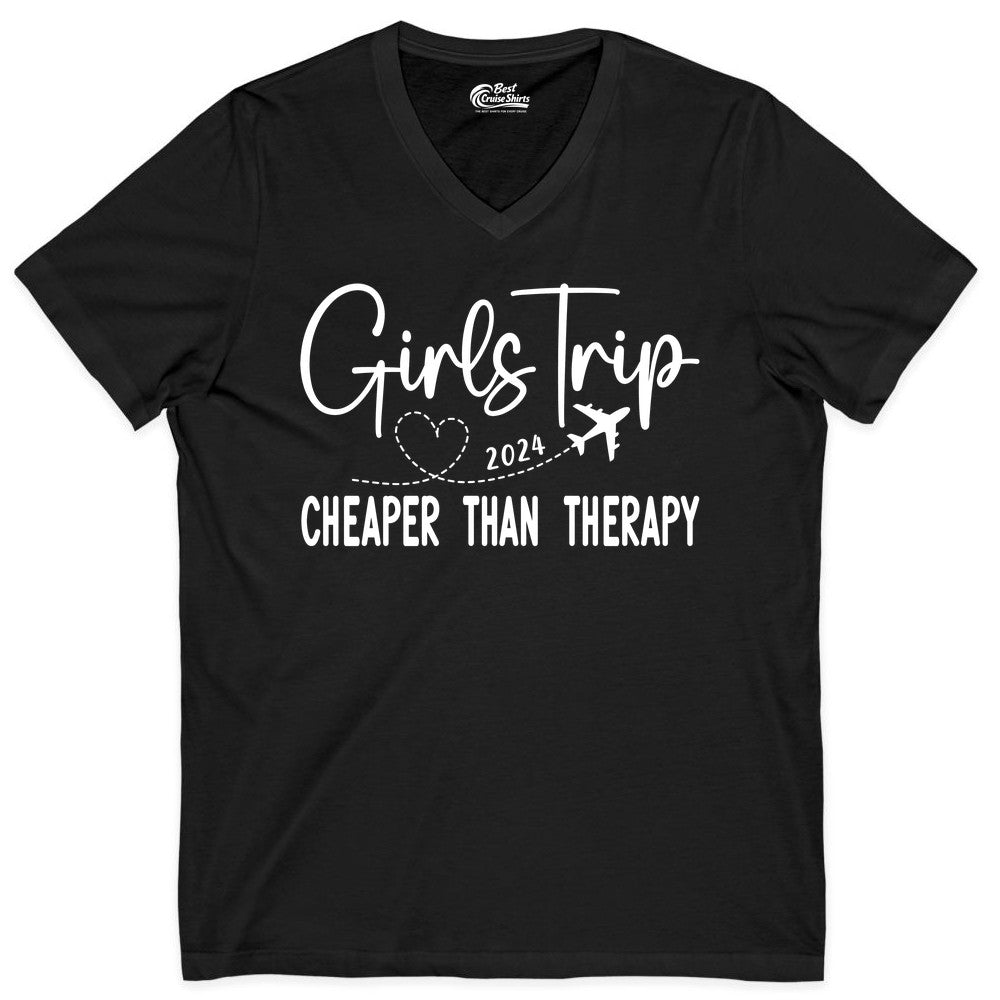 Girls Trip Shirt 2024 - Cheaper Than Therapy Girls Vacation Tee (V-Neck) in Black - Girls Trip 2024 Cheaper Than Therapy Airplane Heart Travel Shirt