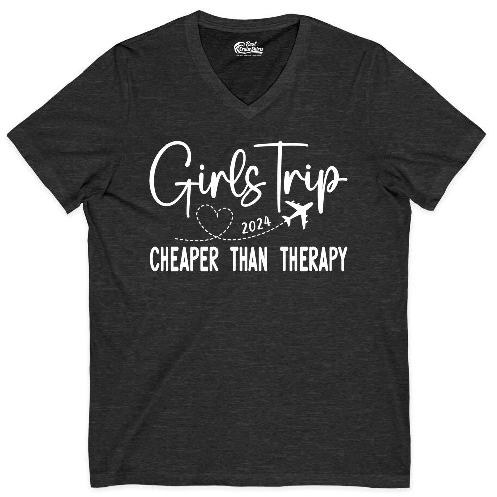 Girls Trip Shirt 2024 - Cheaper Than Therapy Girls Vacation Tee (V-Neck) in Dark Grey Heather - Girls Trip 2024 Cheaper Than Therapy Airplane Heart Travel Shirt