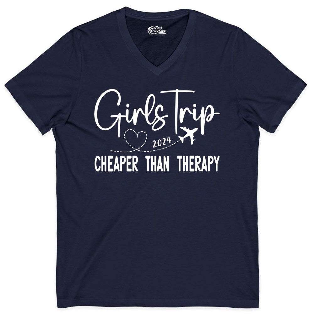Girls Trip Shirt 2024 - Cheaper Than Therapy Girls Vacation Tee (V-Neck) in Navy - Girls Trip 2024 Cheaper Than Therapy Airplane Heart Travel Shirt
