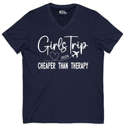 Girls Trip Shirt 2024 - Cheaper Than Therapy Girls Vacation Tee (V-Neck) in Navy - Girls Trip 2024 Cheaper Than Therapy Airplane Heart Travel Shirt