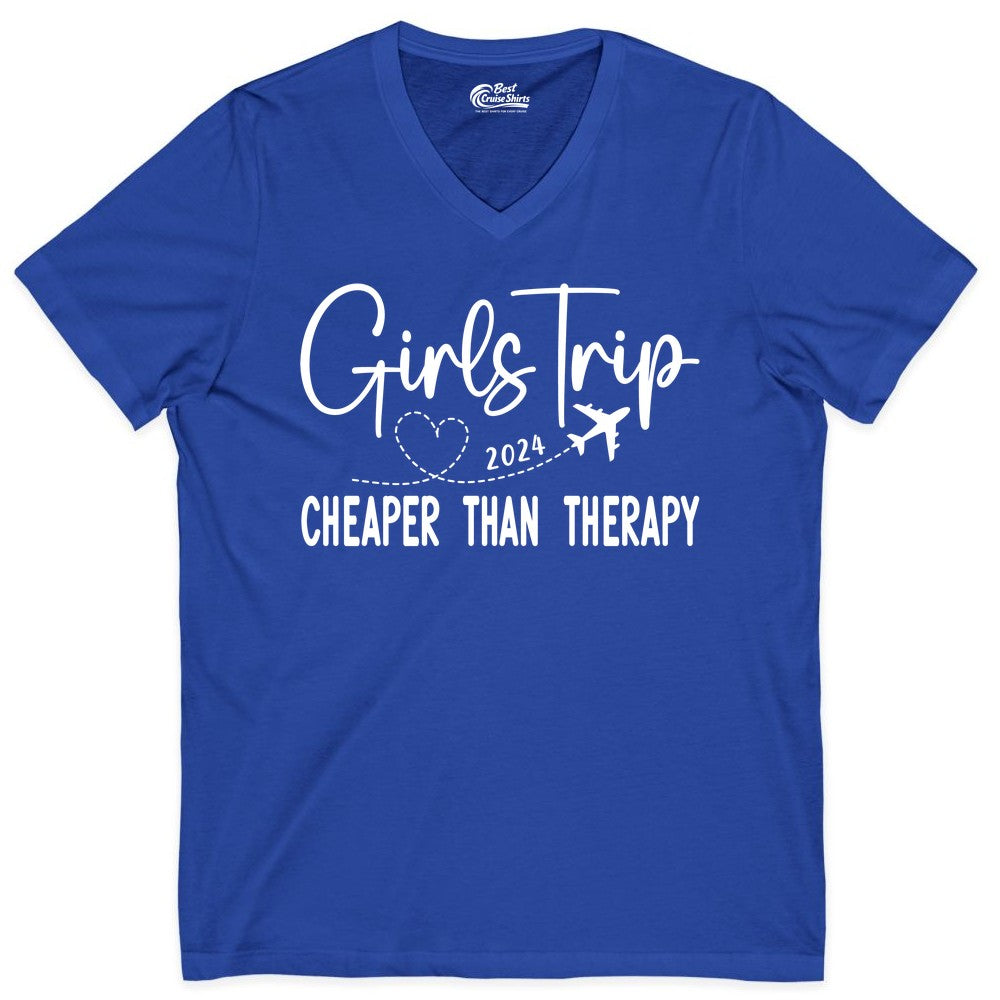 Girls Trip Shirt 2024 - Cheaper Than Therapy Girls Vacation Tee (V-Neck) in True Royal - Girls Trip 2024 Cheaper Than Therapy Airplane Heart Travel Shirt