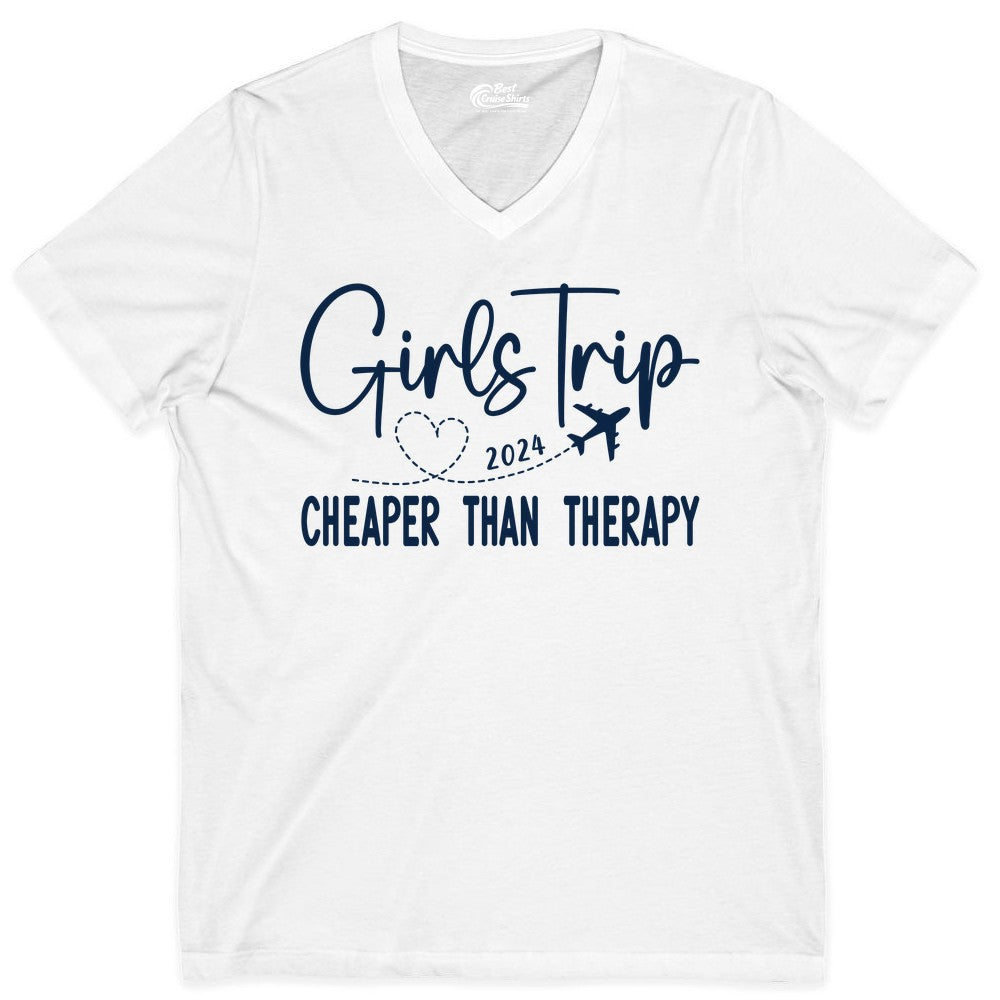 Girls Trip Shirt 2024 - Cheaper Than Therapy Girls Vacation Tee (V-Neck) in White - Girls Trip 2024 Cheaper Than Therapy Airplane Heart Travel Shirt