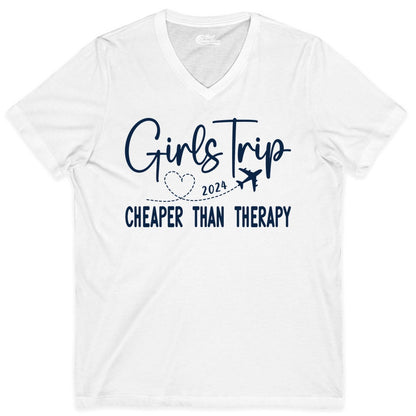 Girls Trip Shirt 2024 - Cheaper Than Therapy Girls Vacation Tee (V-Neck) in White - Girls Trip 2024 Cheaper Than Therapy Airplane Heart Travel Shirt