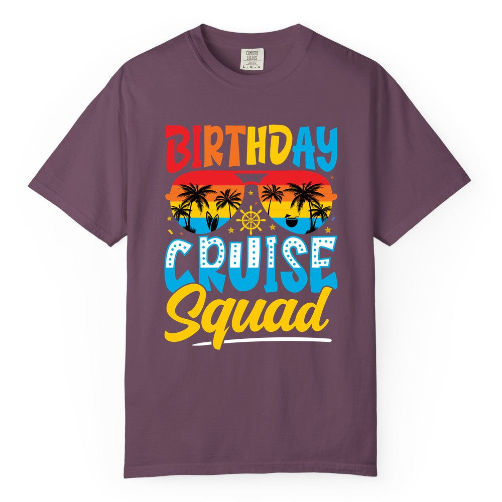Birthday Cruise Squad Shirt - Tropical Sunset Group Cruise Apparel (Comfort Color) in Berry - Birthday Cruise Squad Tropical Sunset Palm Tree Group Shirt