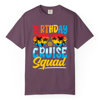 Birthday Cruise Squad Shirt - Tropical Sunset Group Cruise Apparel (Comfort Color) in Berry - Birthday Cruise Squad Tropical Sunset Palm Tree Group Shirt