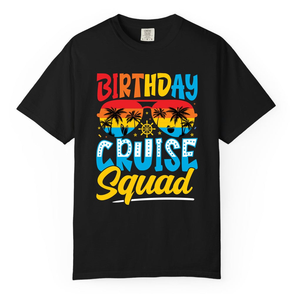 Birthday Cruise Squad Shirt - Tropical Sunset Group Cruise Apparel (Comfort Color) in Black - Birthday Cruise Squad Tropical Sunset Palm Tree Group Shirt