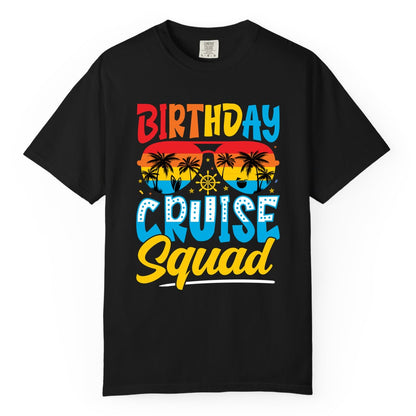 Birthday Cruise Squad Shirt - Tropical Sunset Group Cruise Apparel (Comfort Color) in Black - Birthday Cruise Squad Tropical Sunset Palm Tree Group Shirt