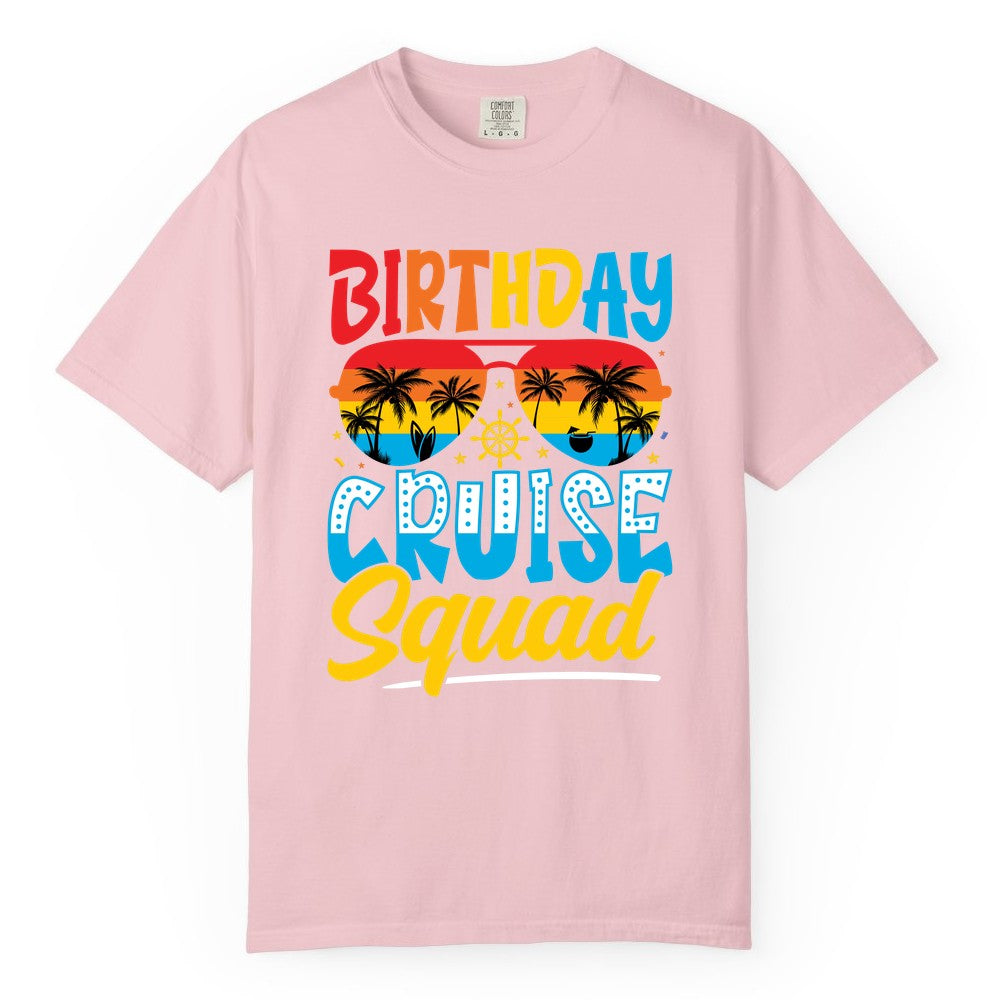 Birthday Cruise Squad Shirt - Tropical Sunset Group Cruise Apparel (Comfort Color) in Blossom - Birthday Cruise Squad Tropical Sunset Palm Tree Group Shirt