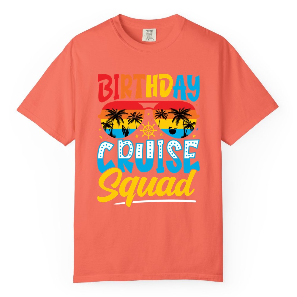 Birthday Cruise Squad Shirt - Tropical Sunset Group Cruise Apparel (Comfort Color) in Bright Salmon - Birthday Cruise Squad Tropical Sunset Palm Tree Group Shirt