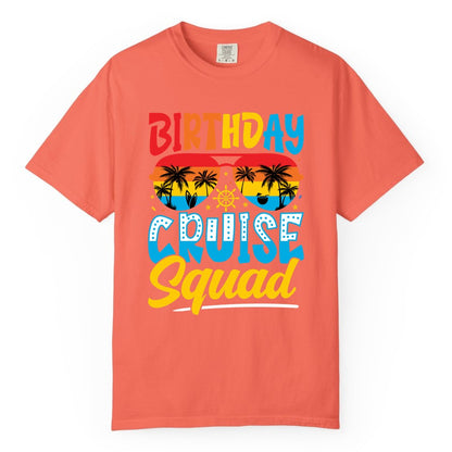 Birthday Cruise Squad Shirt - Tropical Sunset Group Cruise Apparel (Comfort Color) in Bright Salmon - Birthday Cruise Squad Tropical Sunset Palm Tree Group Shirt