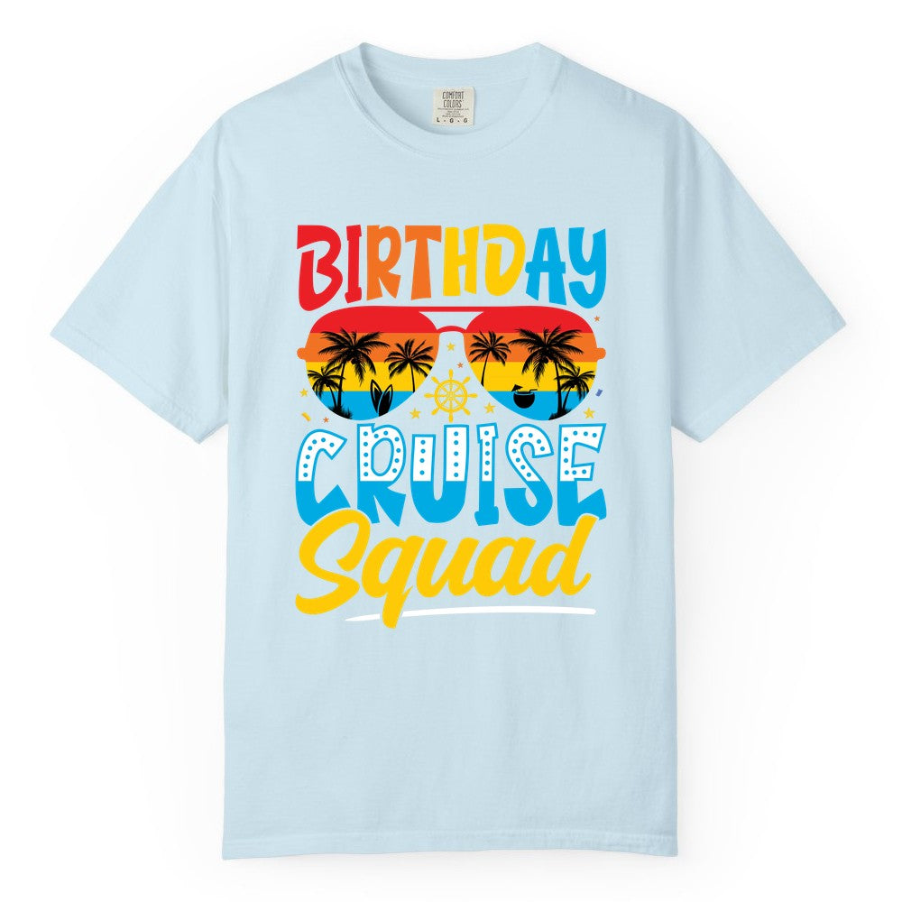 Birthday Cruise Squad Shirt - Tropical Sunset Group Cruise Apparel (Comfort Color) in Chambray - Birthday Cruise Squad Tropical Sunset Palm Tree Group Shirt