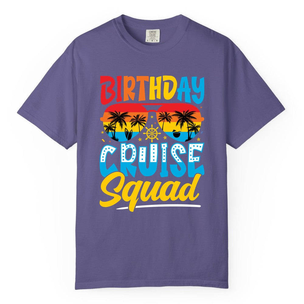 Birthday Cruise Squad Shirt - Tropical Sunset Group Cruise Apparel (Comfort Color) in Grape - Birthday Cruise Squad Tropical Sunset Palm Tree Group Shirt