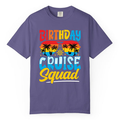 Birthday Cruise Squad Shirt - Tropical Sunset Group Cruise Apparel (Comfort Color) in Grape - Birthday Cruise Squad Tropical Sunset Palm Tree Group Shirt