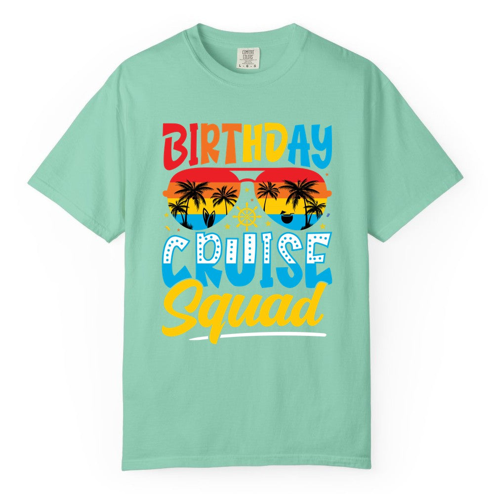 Birthday Cruise Squad Shirt - Tropical Sunset Group Cruise Apparel (Comfort Color) in Island Reef - Birthday Cruise Squad Tropical Sunset Palm Tree Group Shirt
