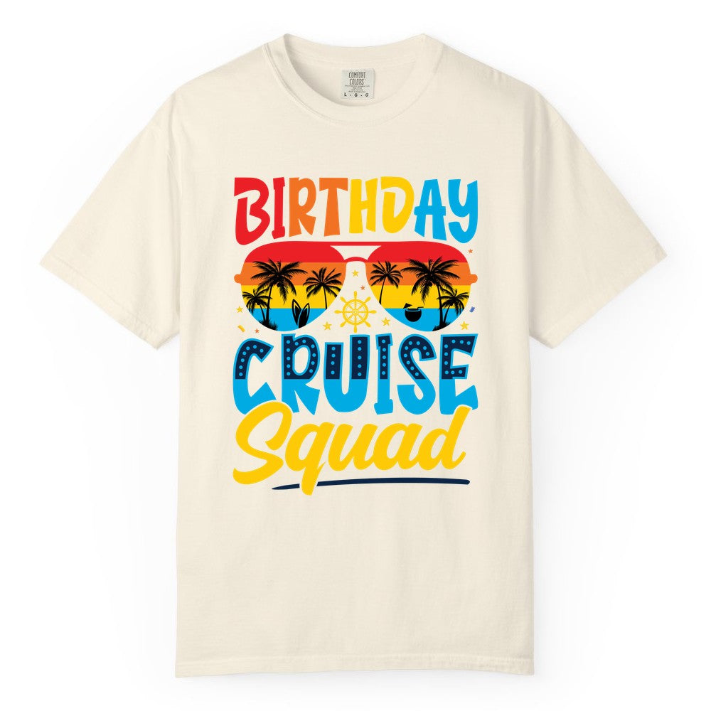 Birthday Cruise Squad Shirt - Tropical Sunset Group Cruise Apparel (Comfort Color) in Ivory - Birthday Cruise Squad Tropical Sunset Palm Tree Group Shirt