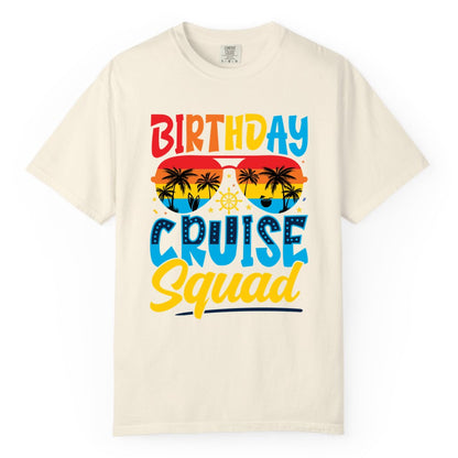 Birthday Cruise Squad Shirt - Tropical Sunset Group Cruise Apparel (Comfort Color) in Ivory - Birthday Cruise Squad Tropical Sunset Palm Tree Group Shirt