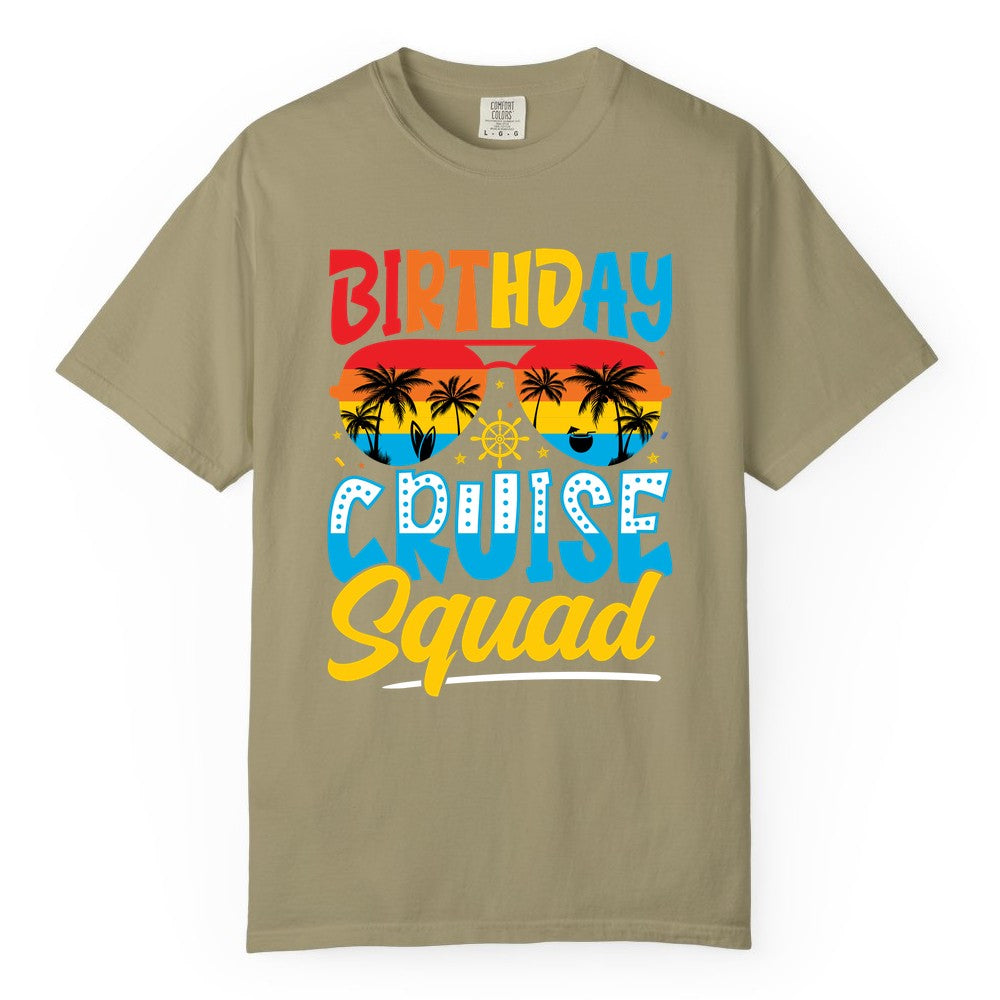 Birthday Cruise Squad Shirt - Tropical Sunset Group Cruise Apparel (Comfort Color) in Khaki - Birthday Cruise Squad Tropical Sunset Palm Tree Group Shirt