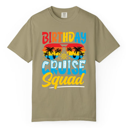 Birthday Cruise Squad Shirt - Tropical Sunset Group Cruise Apparel (Comfort Color) in Khaki - Birthday Cruise Squad Tropical Sunset Palm Tree Group Shirt