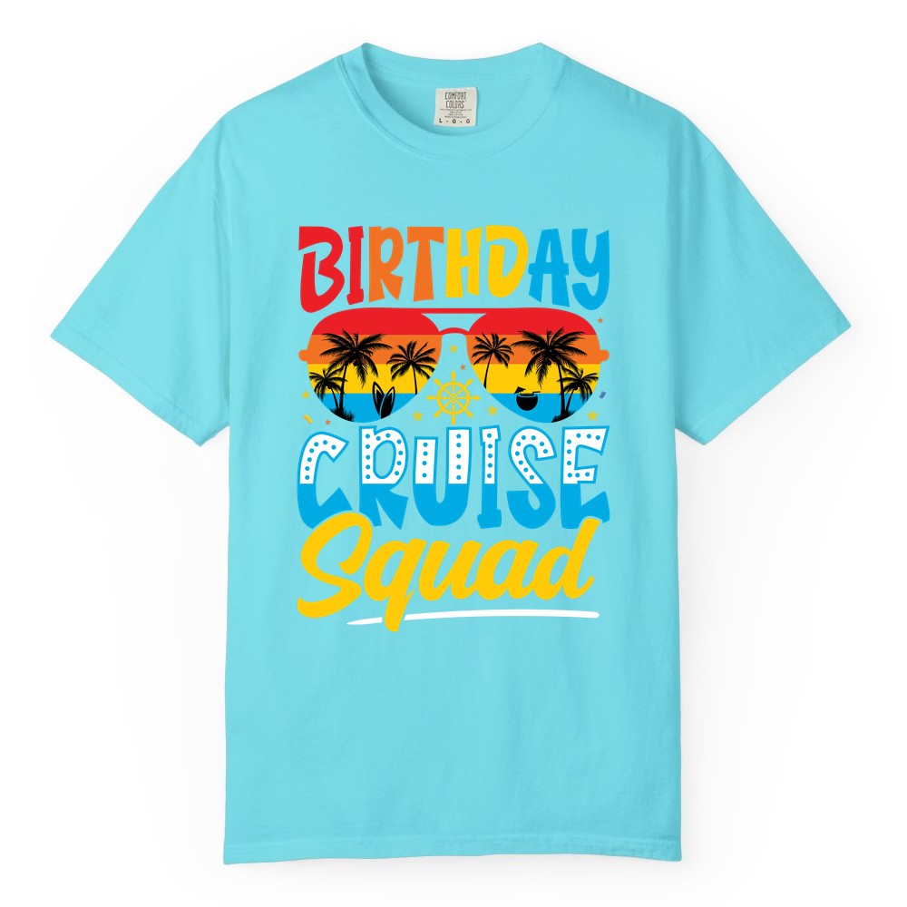 Birthday Cruise Squad Shirt - Tropical Sunset Group Cruise Apparel (Comfort Color) in Lagoon Blue - Birthday Cruise Squad Tropical Sunset Palm Tree Group Shirt