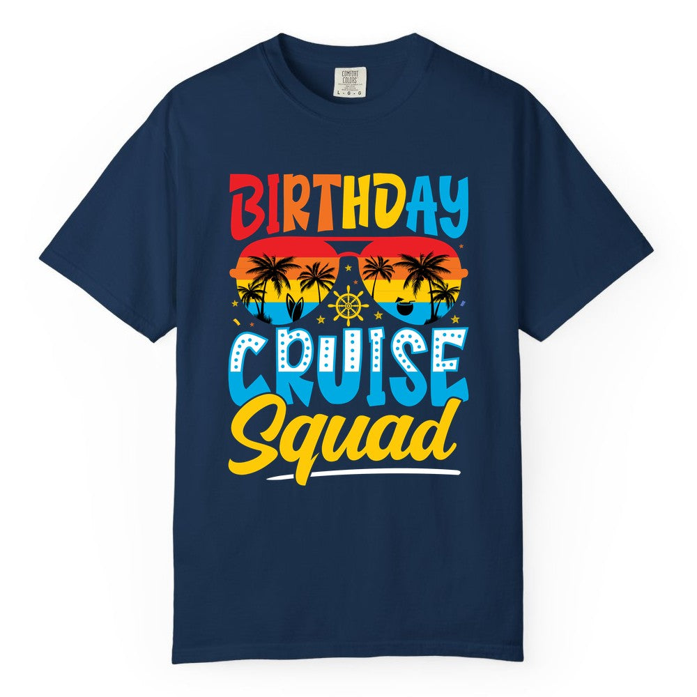 Birthday Cruise Squad Shirt - Tropical Sunset Group Cruise Apparel (Comfort Color) in Navy - Birthday Cruise Squad Tropical Sunset Palm Tree Group Shirt