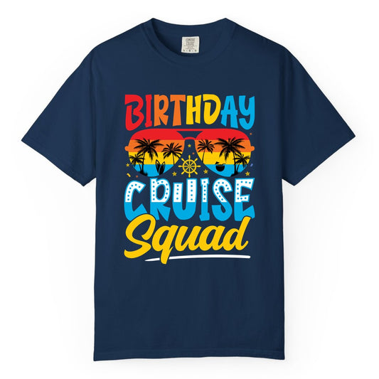 Birthday Cruise Squad Shirt - Tropical Sunset Group Cruise Apparel (Comfort Color) in Navy - Birthday Cruise Squad Tropical Sunset Palm Tree Group Shirt