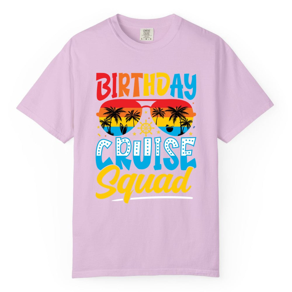 Birthday Cruise Squad Shirt - Tropical Sunset Group Cruise Apparel (Comfort Color) in Orchid - Birthday Cruise Squad Tropical Sunset Palm Tree Group Shirt