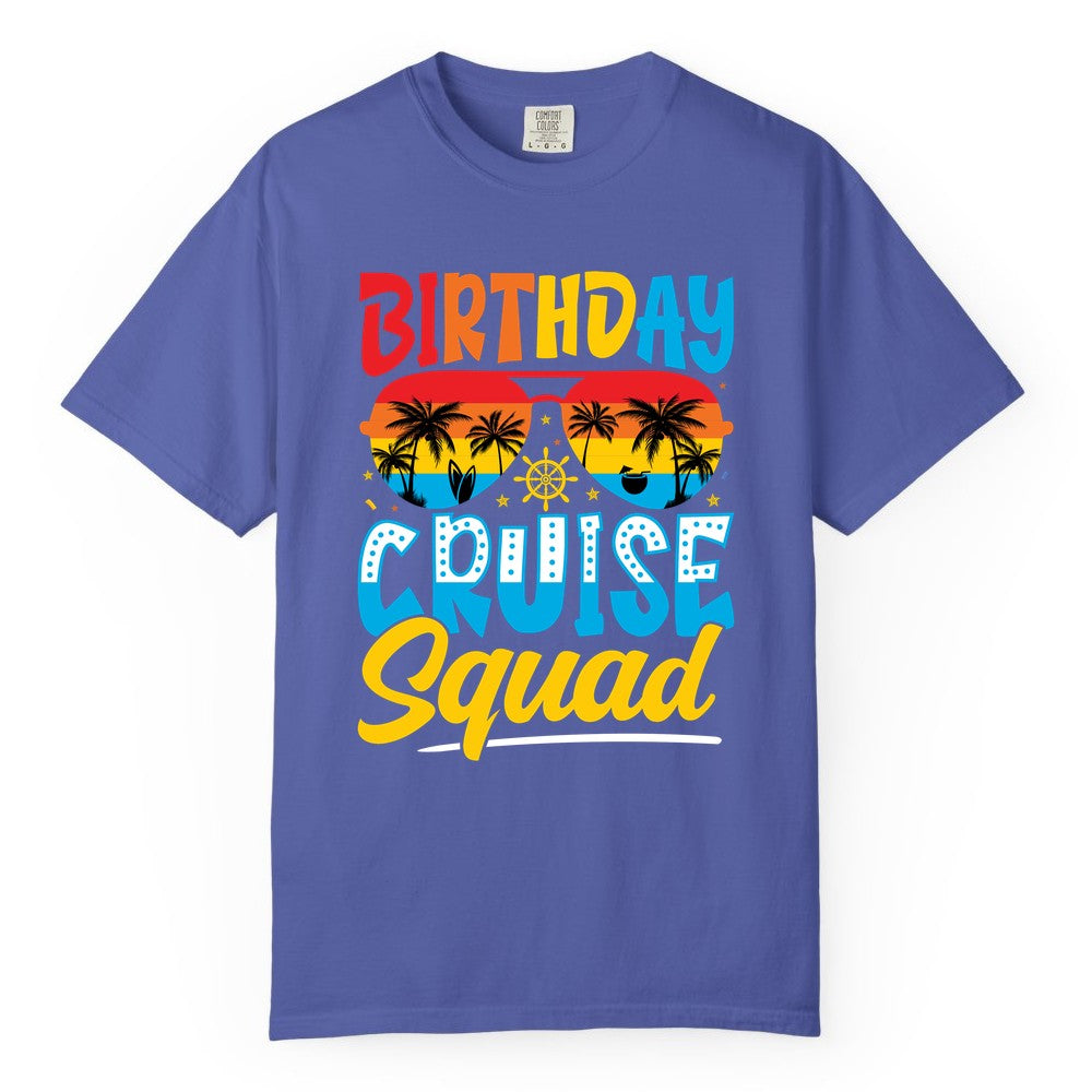 Birthday Cruise Squad Shirt - Tropical Sunset Group Cruise Apparel (Comfort Color) in Periwinkle - Birthday Cruise Squad Tropical Sunset Palm Tree Group Shirt