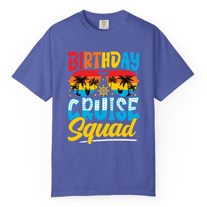 Birthday Cruise Squad Shirt - Tropical Sunset Group Cruise Apparel (Comfort Color) in Periwinkle - Birthday Cruise Squad Tropical Sunset Palm Tree Group Shirt
