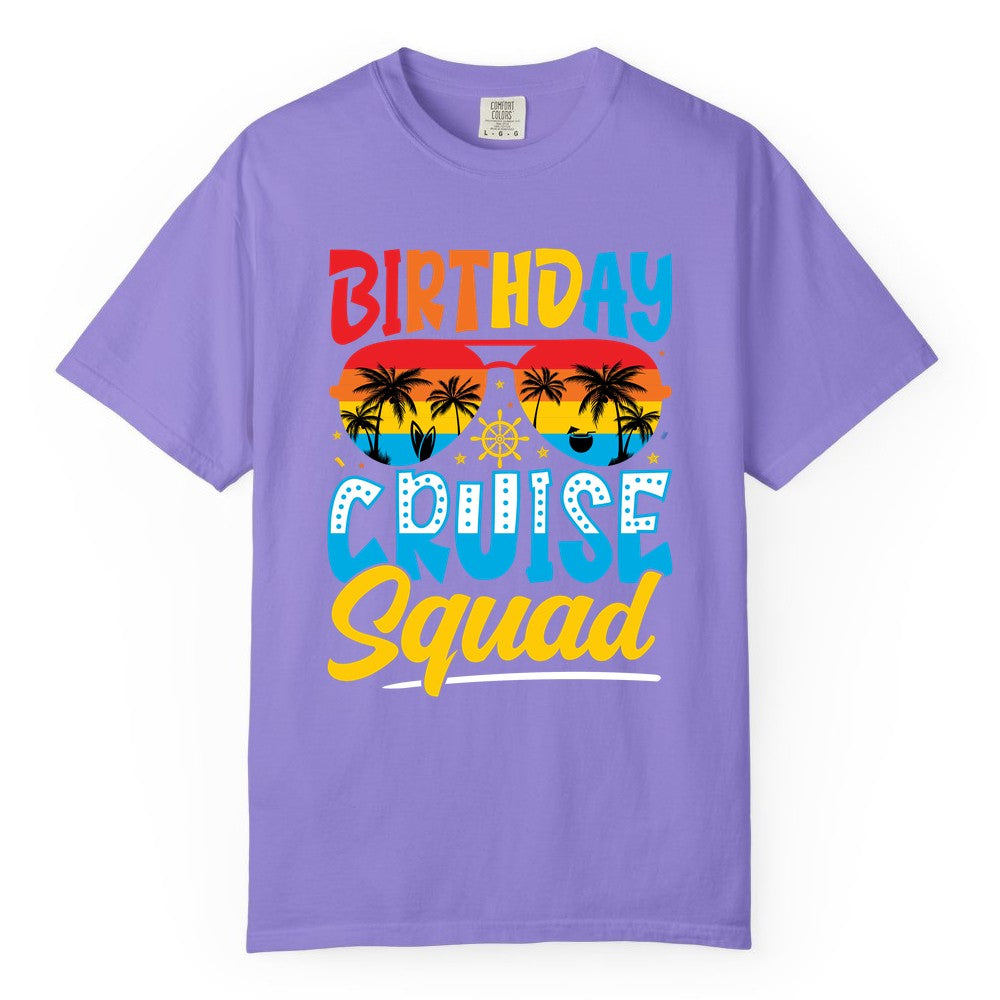 Birthday Cruise Squad Shirt - Tropical Sunset Group Cruise Apparel (Comfort Color) in Violet - Birthday Cruise Squad Tropical Sunset Palm Tree Group Shirt