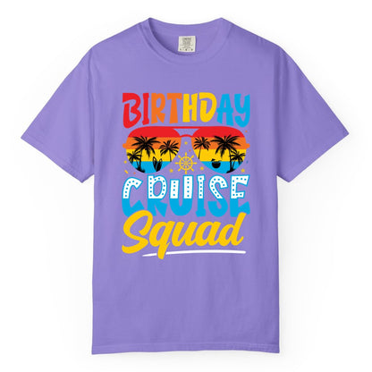 Birthday Cruise Squad Shirt - Tropical Sunset Group Cruise Apparel (Comfort Color) in Violet - Birthday Cruise Squad Tropical Sunset Palm Tree Group Shirt