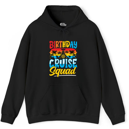 Birthday Cruise Squad Shirt - Tropical Sunset Group Cruise Apparel (Hoodie) in Black - Birthday Cruise Squad Tropical Sunset Palm Tree Group Shirt