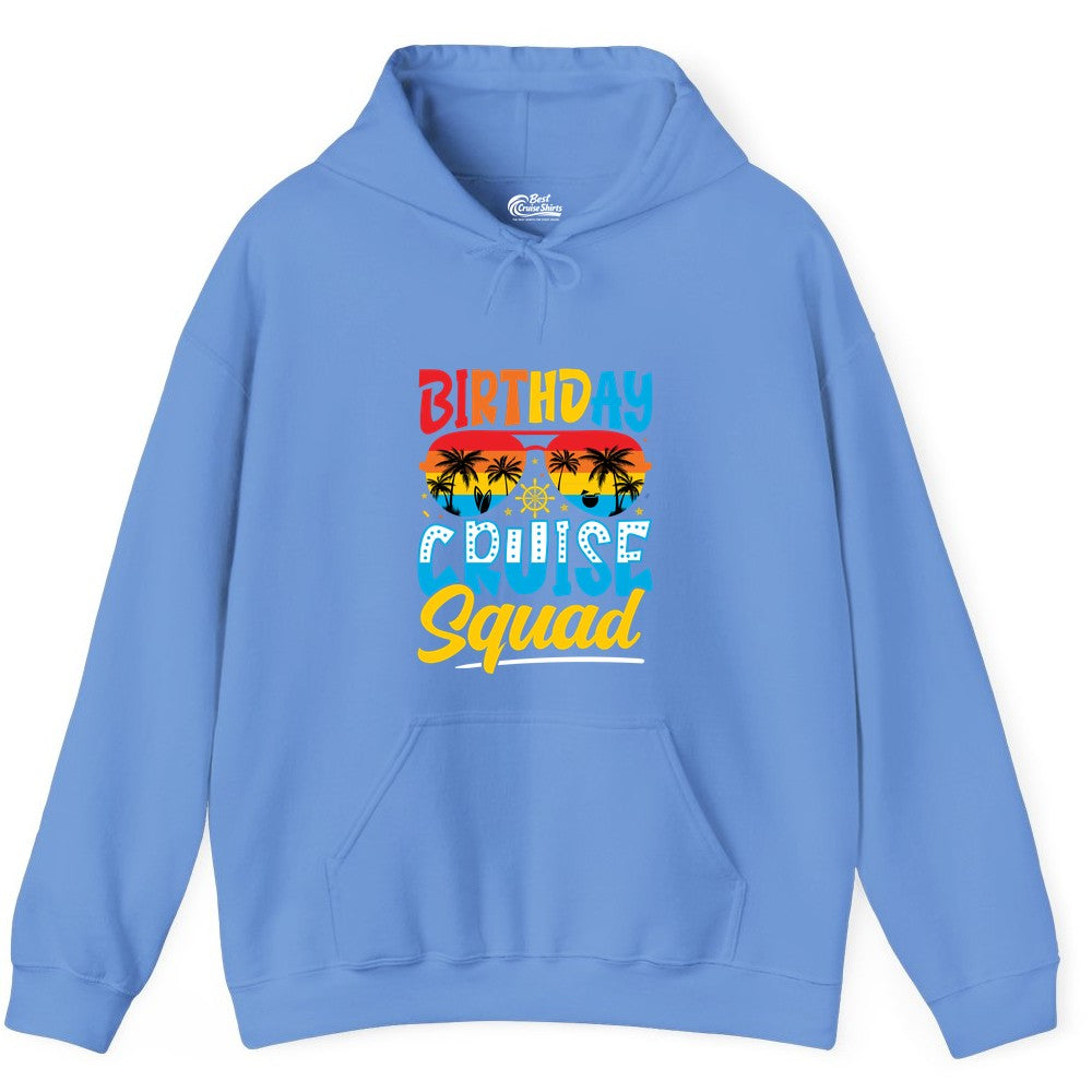 Birthday Cruise Squad Shirt - Tropical Sunset Group Cruise Apparel (Hoodie) in Carolina Blue - Birthday Cruise Squad Tropical Sunset Palm Tree Group Shirt