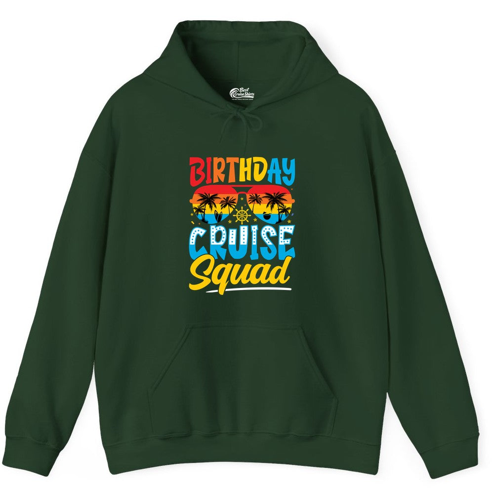 Birthday Cruise Squad Shirt - Tropical Sunset Group Cruise Apparel (Hoodie) in Forest Green - Birthday Cruise Squad Tropical Sunset Palm Tree Group Shirt
