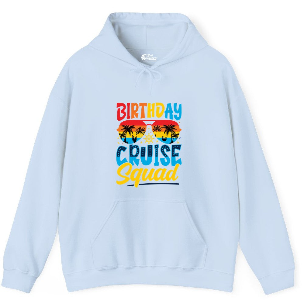 Birthday Cruise Squad Shirt - Tropical Sunset Group Cruise Apparel (Hoodie) in Light Blue - Birthday Cruise Squad Tropical Sunset Palm Tree Group Shirt
