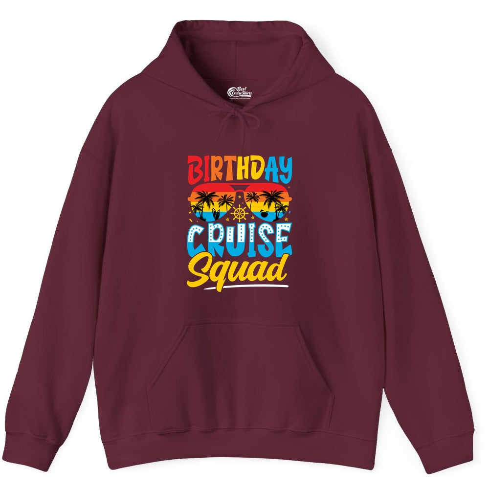 Birthday Cruise Squad Shirt - Tropical Sunset Group Cruise Apparel (Hoodie) in Maroon - Birthday Cruise Squad Tropical Sunset Palm Tree Group Shirt